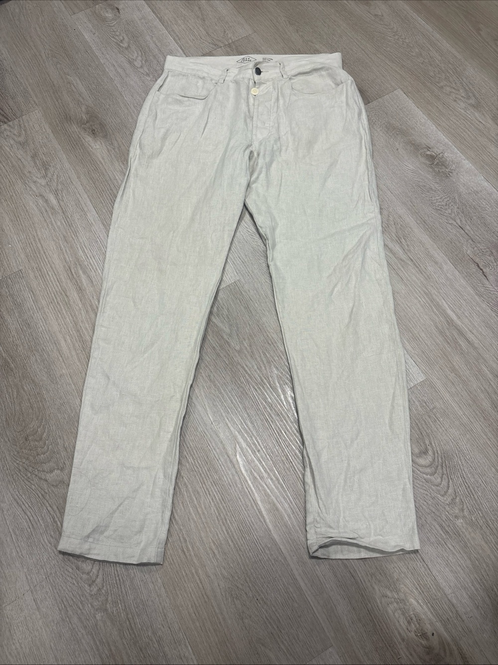 Alex Crane 100% French Linen 5-Pocket Pants, Color Stone, Men's 30 (fit 32x31)